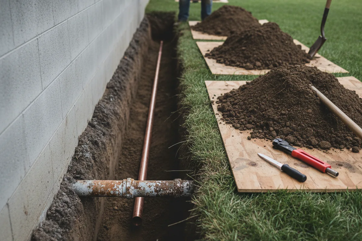 Excavated water line trench during Water Heater Repair in Fayetteville